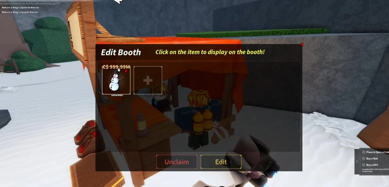 หน้าต่าง Edit Booth มีช่องสินค้า ช่องเพิ่มสินค้า และปุ่ม Edit กับ Unclaim ใน Fisch