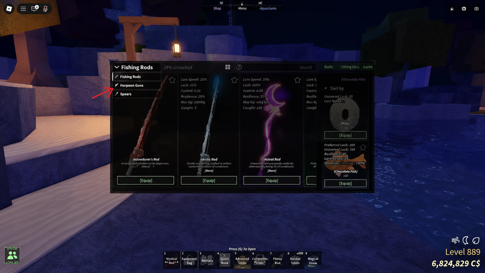เมนู Equipment Bag เปิดรายการหมวด Fishing Rods, Harpoon Guns และ Spears ใน Fisch