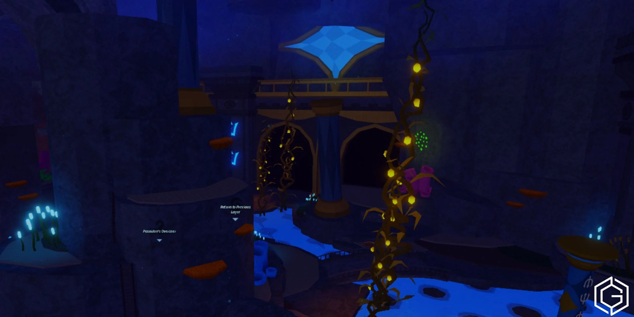 เสาหินและทางเดินหลายระดับใน Poseidon’s Storm of Floods พร้อมชื่อ Poseidon’s Overseer
