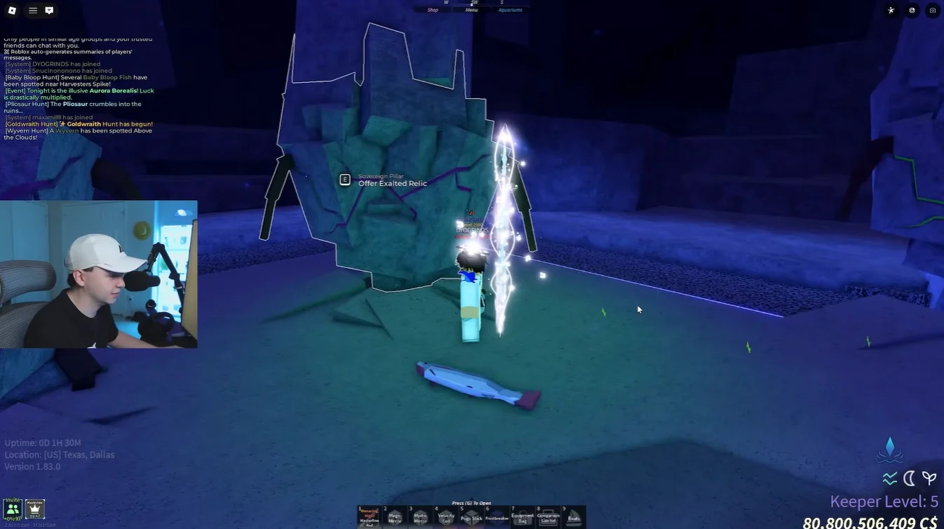 ผู้เล่นยืนข้าง Sovereign Pillar ที่มีตัวเลือก Offer Exalted Relic ใน Fisch