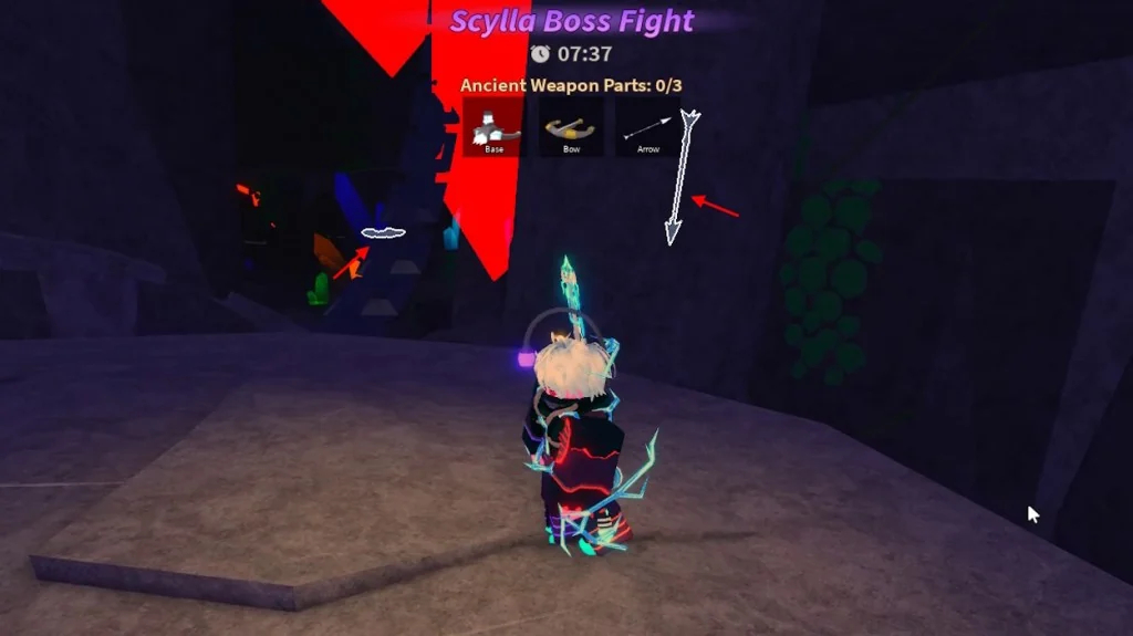 สนามต่อสู้ Scylla มีชิ้นส่วนขอบสีขาวและแถบ Ancient Weapon Parts 0/3 พร้อมชื่อ Base Bow Arrow