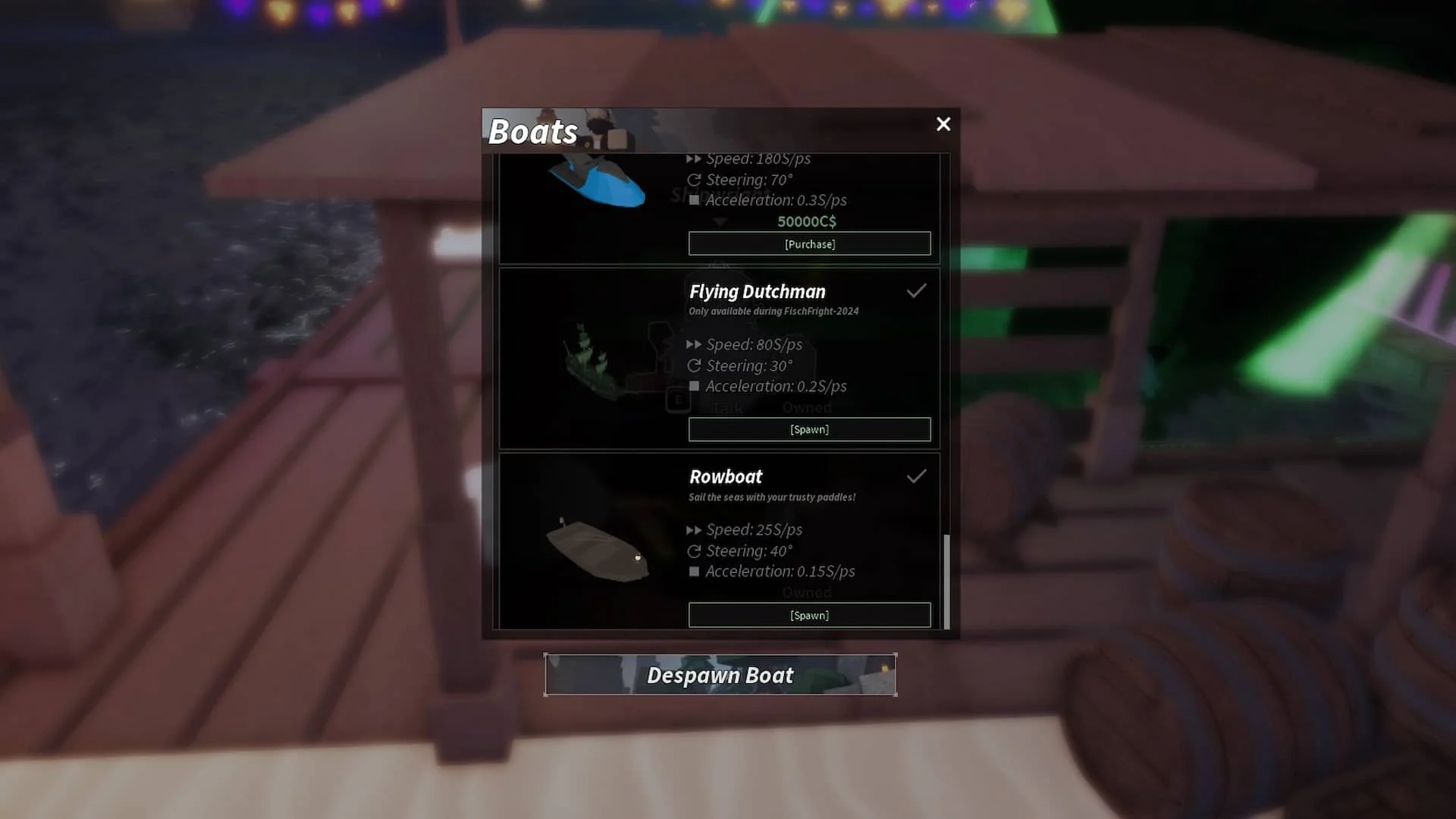 เมนู Boats แสดง Rowboat ที่เป็นเจ้าของพร้อมปุ่ม Spawn และปุ่ม Despawn Boat
