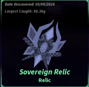 ช่อง Sovereign Relic ในสมุดปลาแสดงวัตถุทรงแฉกสีม่วง พร้อมชื่อ Sovereign Relic