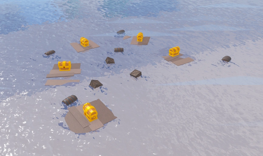 หีบ Sunken Chests สีทองห้าใบวางบนเศษแพไม้ที่ลอยอยู่ในทะเล