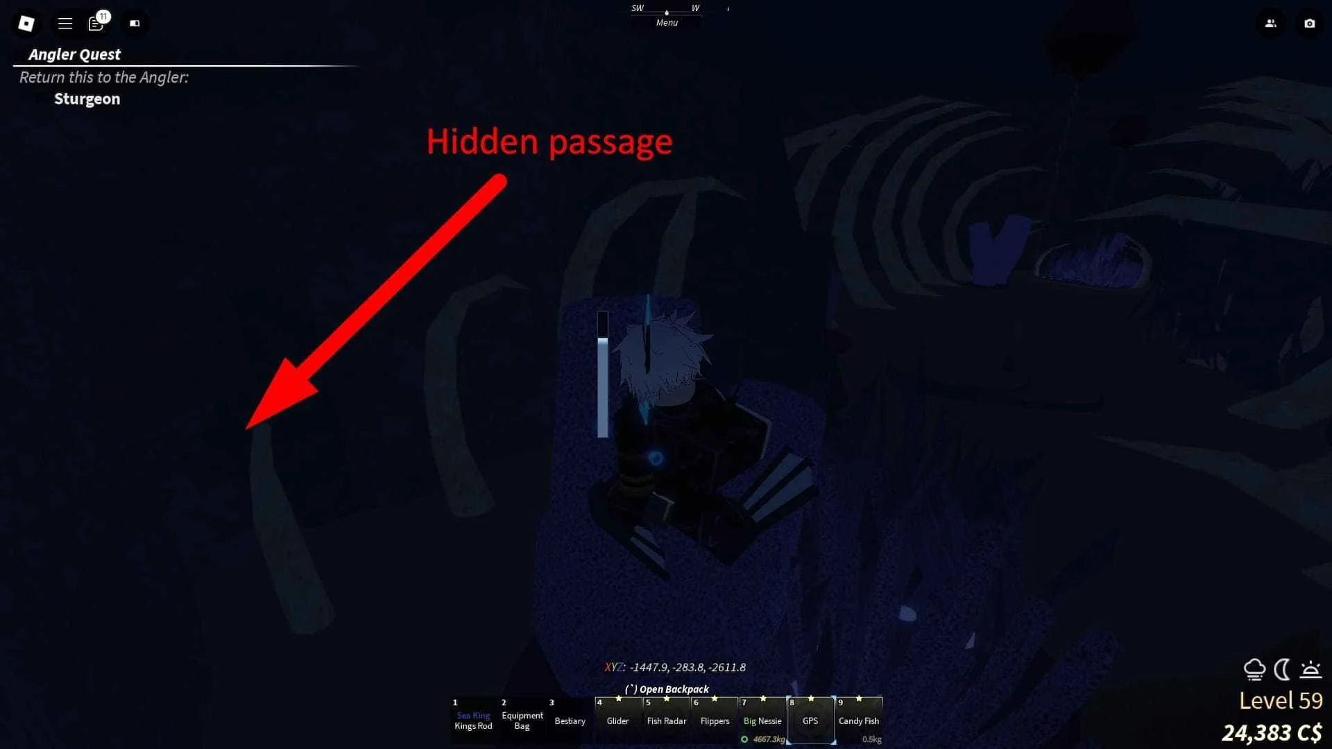 ทางลับใต้โครงกระดูกใน Desolate Pocket พร้อมลูกศรสีแดง