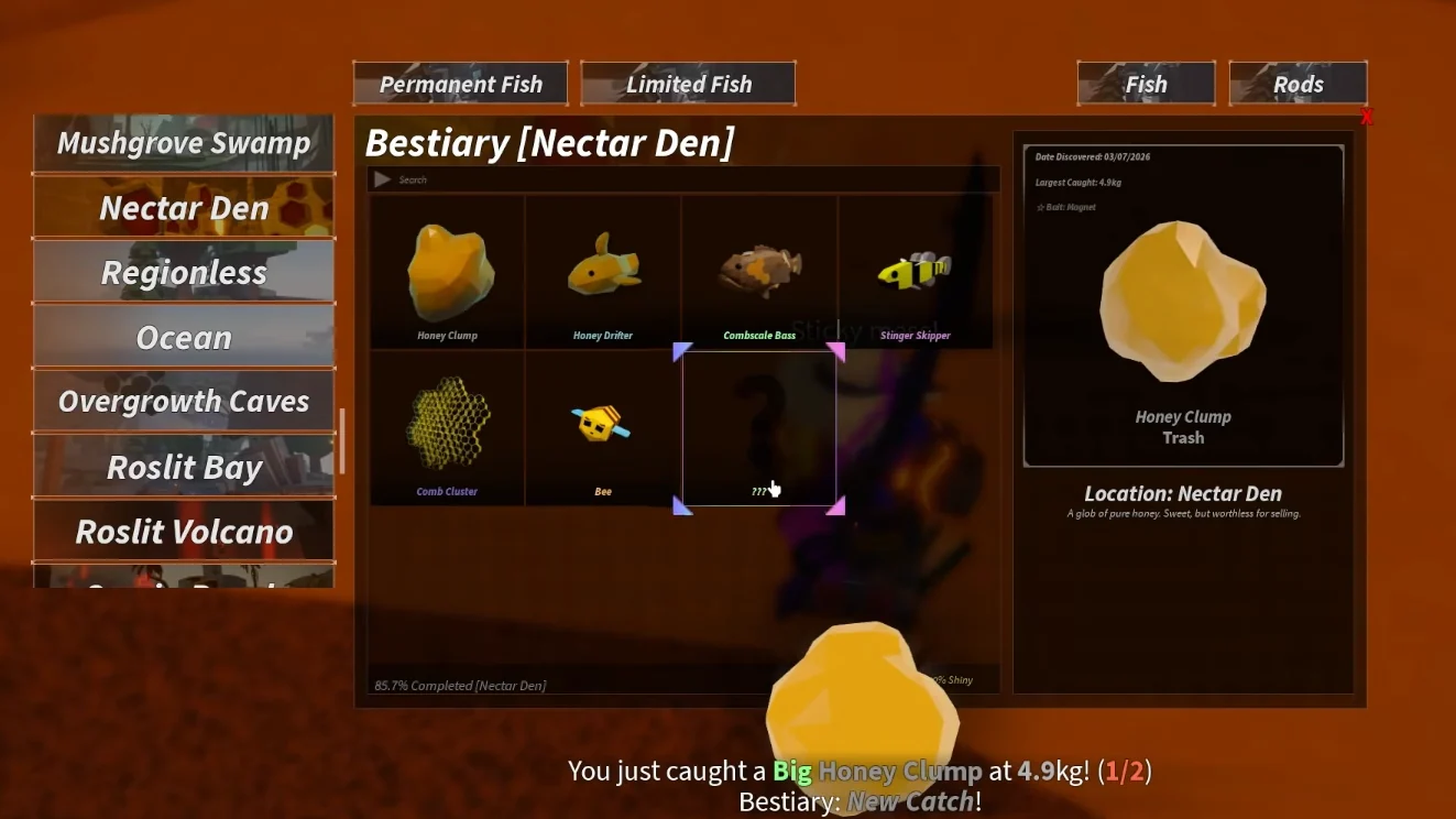 เมนู Bestiary ของ Nectar Den แสดงปลาแล้วหกช่องและช่องที่ยังเป็นเครื่องหมายคำถามหนึ่งช่อง