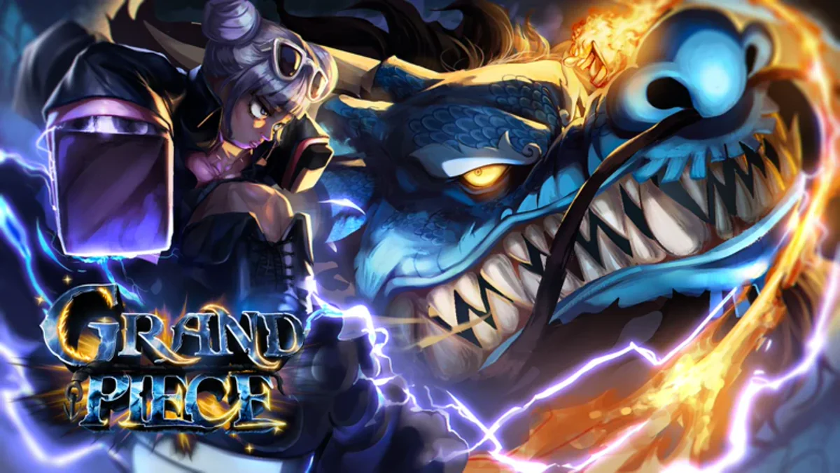 ภาพโปรโมต Grand Piece Online แสดงตัวละครกับมังกรสีน้ำเงินและแสงไฟ