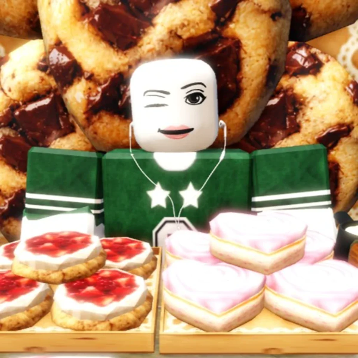 ไอคอน Mukbang Game ตัวละคร Roblox เสื้อเขียวอยู่หน้าโต๊ะอาหารและขนม