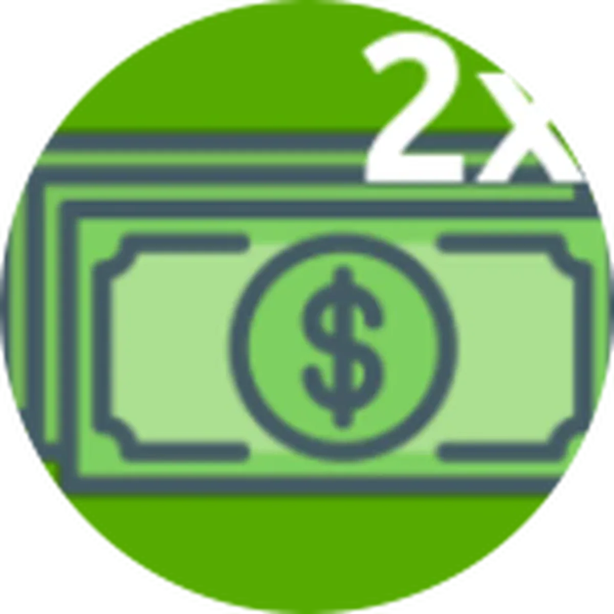 ไอคอน Pass 2x Cash เป็นธนบัตรสีเขียวและข้อความ 2x