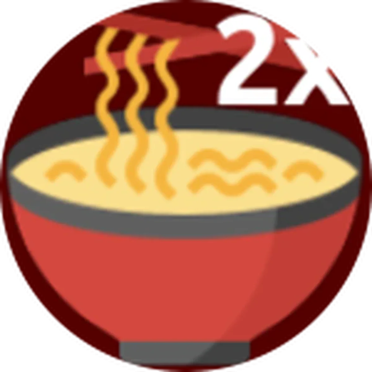 ไอคอน Pass 2x Bites เป็นชามบะหมี่สีแดงและข้อความ 2x