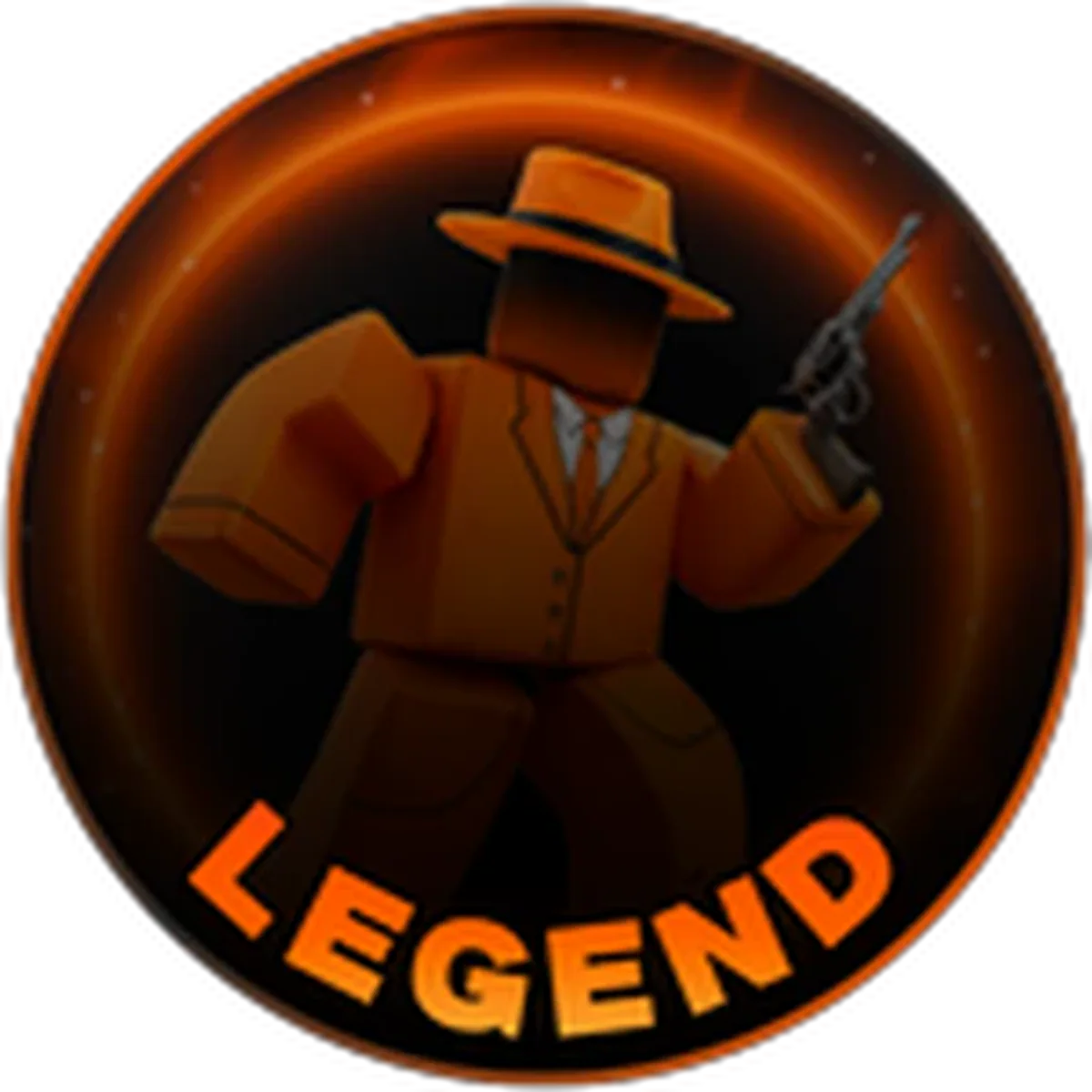 ไอคอน Badge Legend แสดงตัวละครชุดส้มถืออาวุธบนเหรียญขอบส้ม