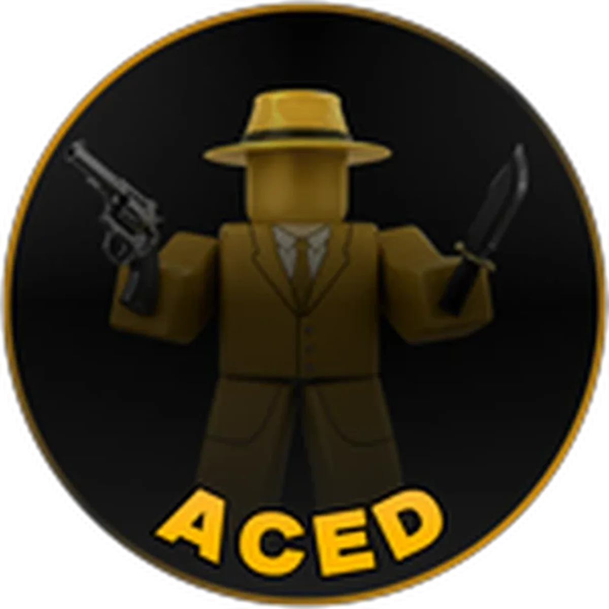 ไอคอน Badge Aced แสดงตัวละครชุดทองถือมีดกับปืนบนเหรียญขอบทอง