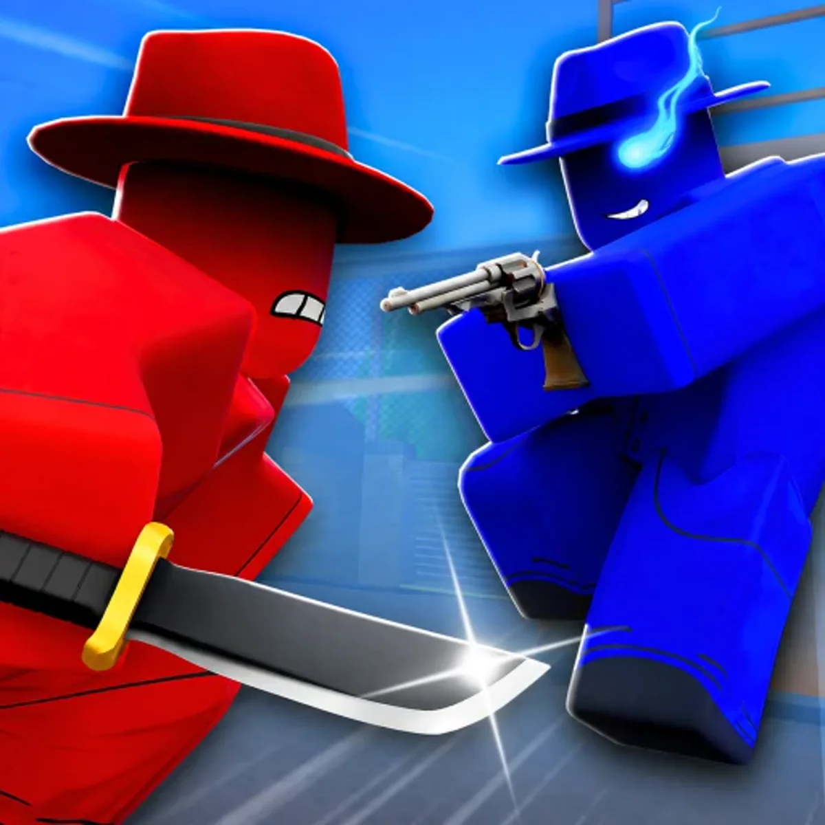 ไอคอน Murder Duels แสดงตัวละครทีมแดงถือมีดเผชิญตัวละครทีมน้ำเงินถือปืน