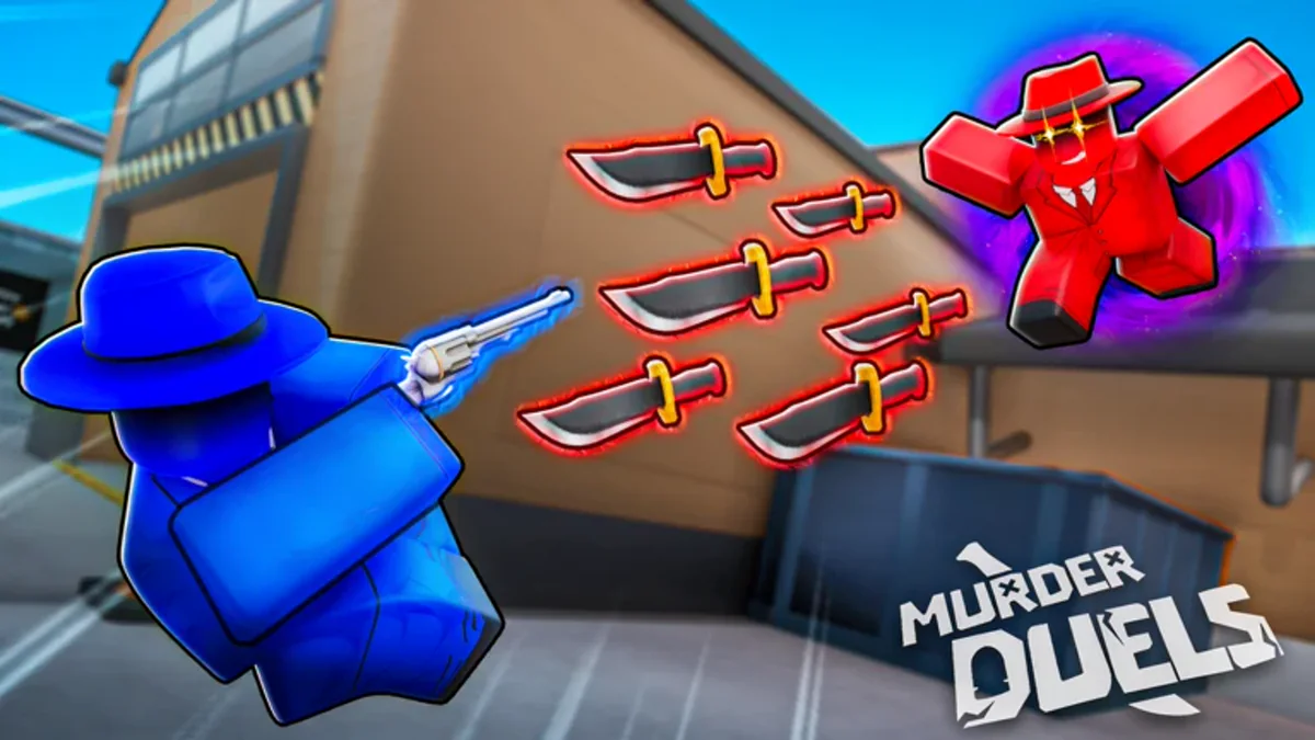 ภาพโปรโมต Murder Duels: ตัวละครสีน้ำเงินถือปืนและตัวละครสีแดงพร้อมมีดหลายเล่มในฉากต่อสู้