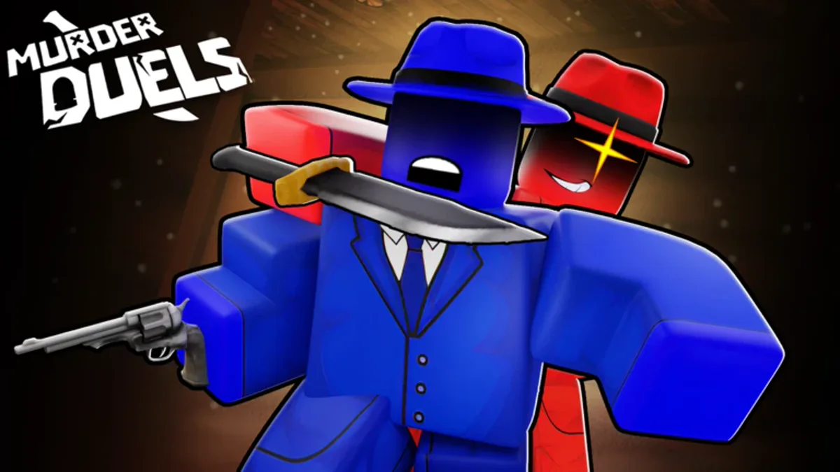 ภาพโปรโมต Murder Duels: ตัวละครสีน้ำเงินถือมีดกับปืน โดยมีตัวละครสีแดงและโลโก้เกมด้านหลัง