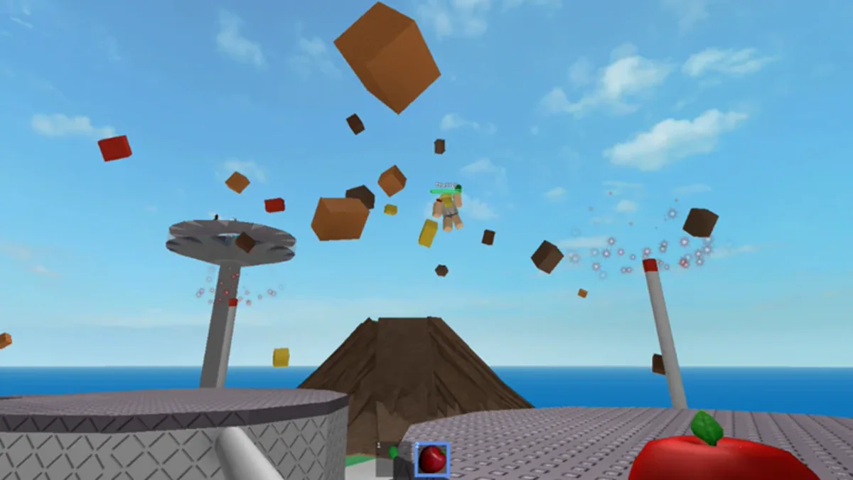 ภาพเกมเพลย์เกาะกับเศษชิ้นส่วนจากภูเขาไฟ