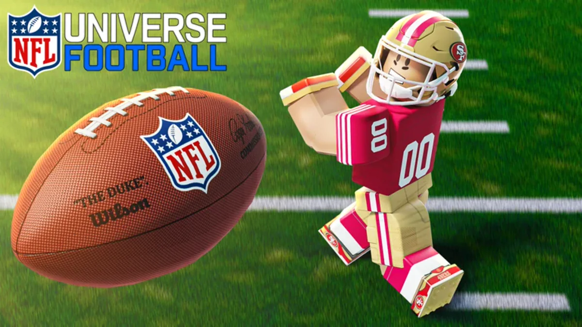 ภาพ Media NFL Universe Football แสดงผู้เล่นในชุดสีน้ำเงินถือบอลพร้อมโลโก้ NFL