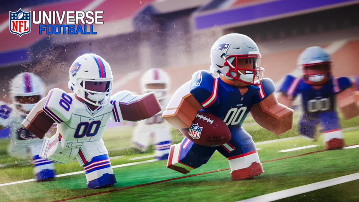ภาพ Media NFL Universe Football แสดงผู้เล่นชุดสีแดงกำลังวิ่งหลบผู้ป้องกัน