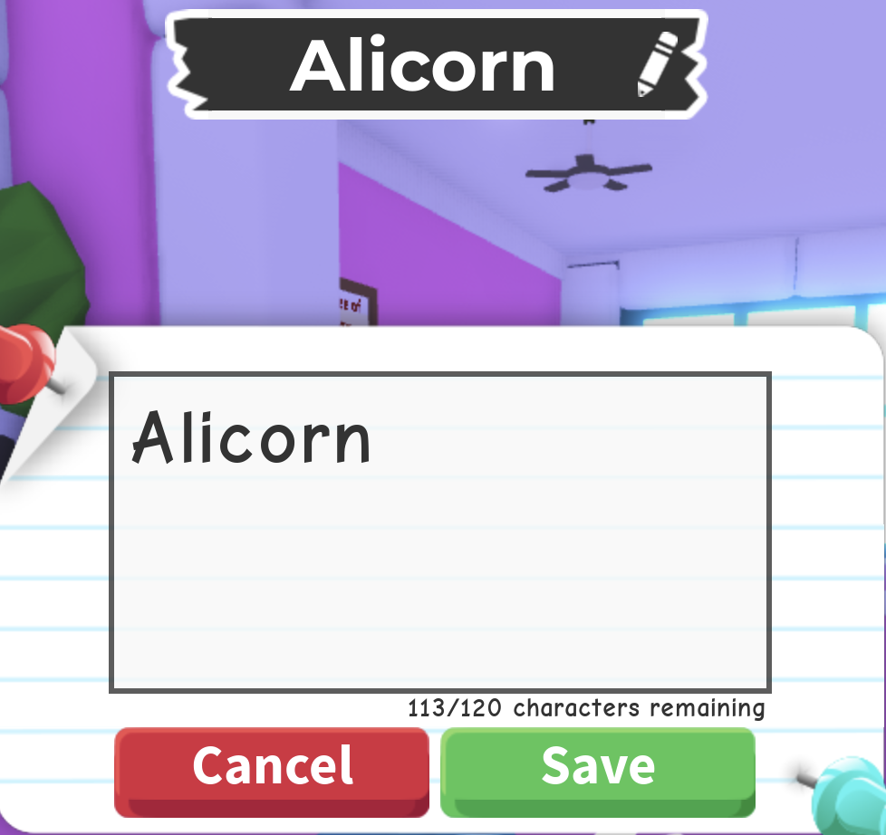 ช่องแก้ชื่อ Alicorn พร้อมไอคอนดินสอด้านบนและปุ่ม Cancel กับ Save ด้านล่าง