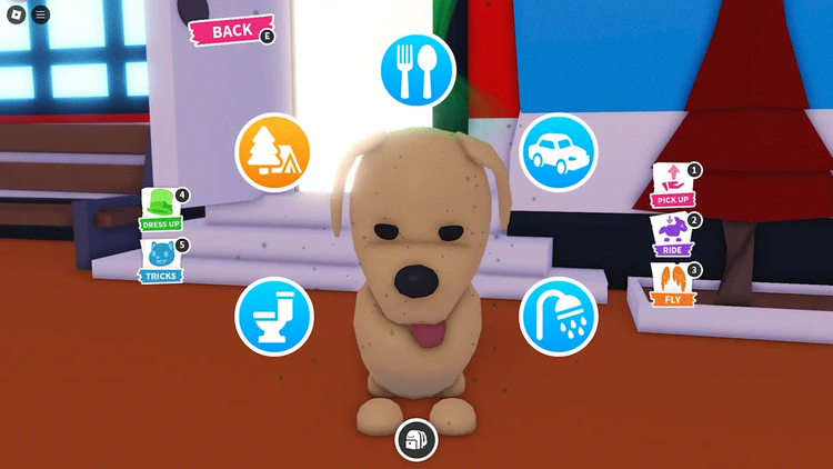 Dog อยู่กลางเมนูระยะใกล้ มีไอคอนอาหาร ตั้งแคมป์ รถ ห้องน้ำ และอาบน้ำรอบตัว