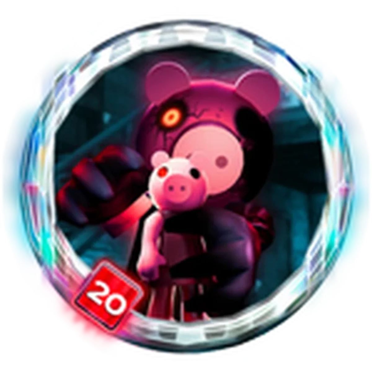 ไอคอน Roblox 20 Quest เป็นตัวละคร Piggy ตาแดงในกรอบสีฟ้า