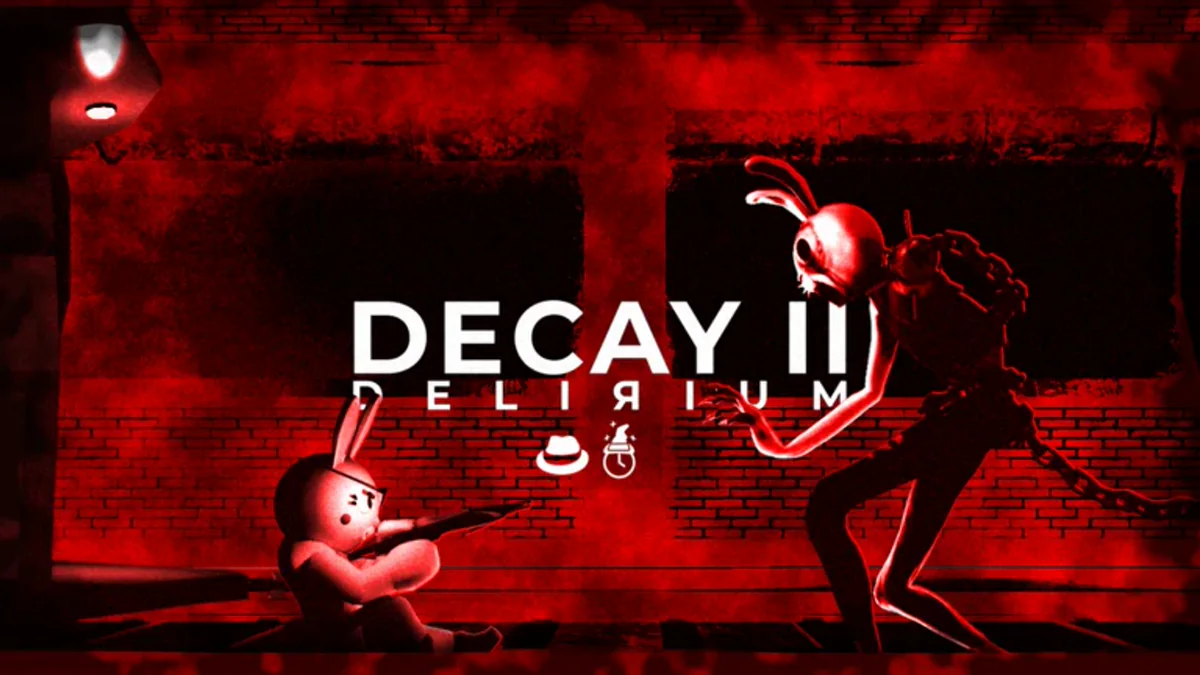 โปสเตอร์ Decay II: Delirium เป็นฉากสีแดงดำและตัวละครยื่นมือ