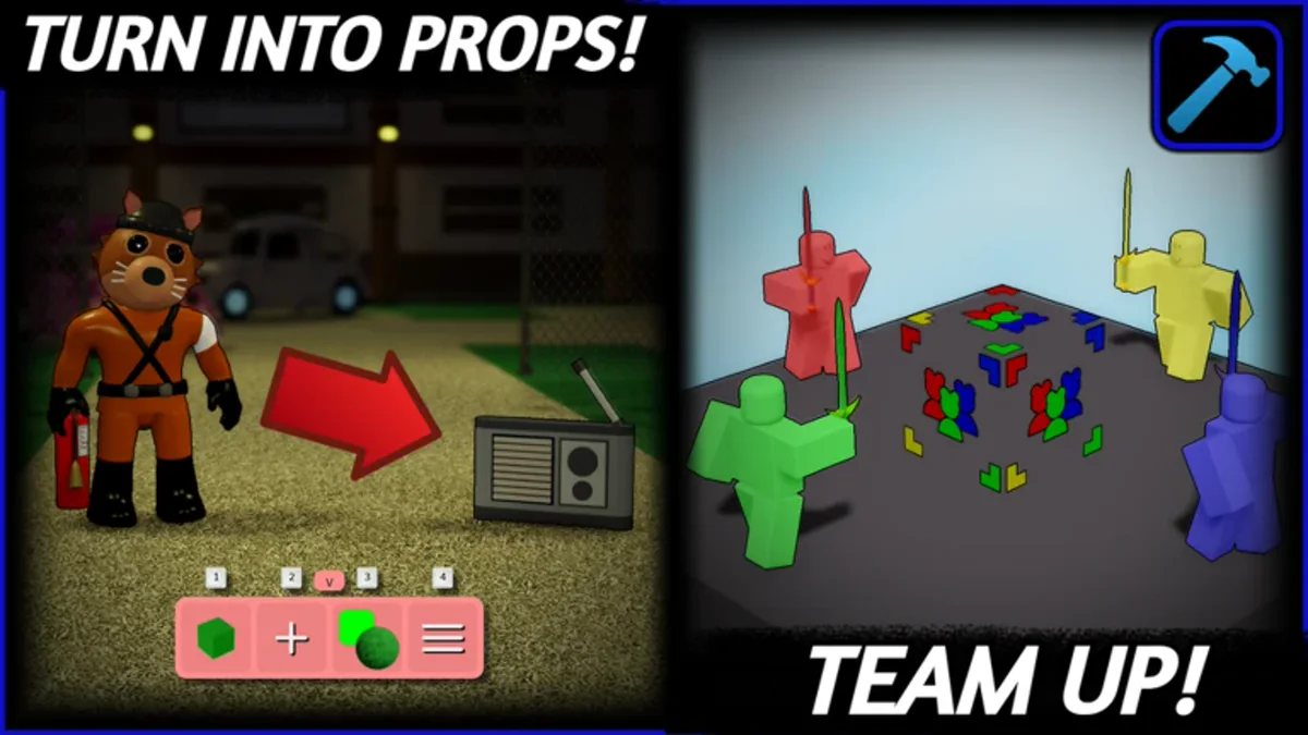 โปสเตอร์ Prop & Team Blocks แสดงการเปลี่ยนเป็นสิ่งของและเล่นเป็นทีม