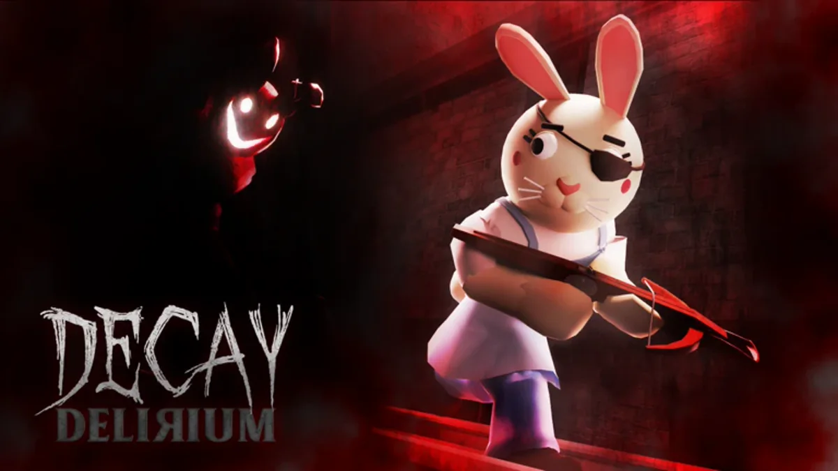 ภาพโปรโมต Decay Delirium แสดงตัวละครหูกระต่ายในฉากสีแดงมืด