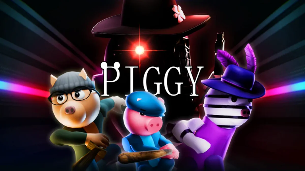 ภาพโปรโมต Piggy แสดงตัวละครสามตัวกับแสงสีแดงและน้ำเงิน