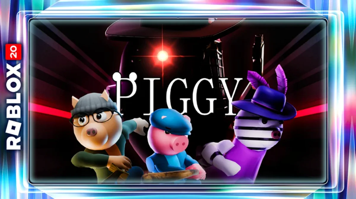 ภาพโปรโมต Piggy แสดงตัวละครสามตัวใต้โลโก้ Roblox 20 และกรอบสีฟ้า