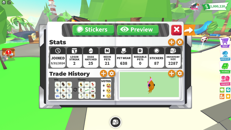 หน้าแก้ Profile มีปุ่ม Stickers และ Preview พร้อมกล่อง Stats, Trade History และรูปสัตว์