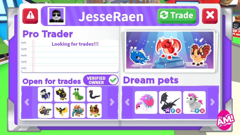 ตัวอย่าง Profile มีช่องเปิดรับเทรดพร้อมตรา Verified Owner และช่อง Dream Pets แยกกัน