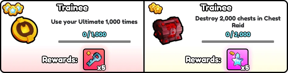 แผง Achievement สองช่องแสดงเป้าหมายใช้ Ultimate และทำลายหีบใน Chest Raid พร้อมรางวัล