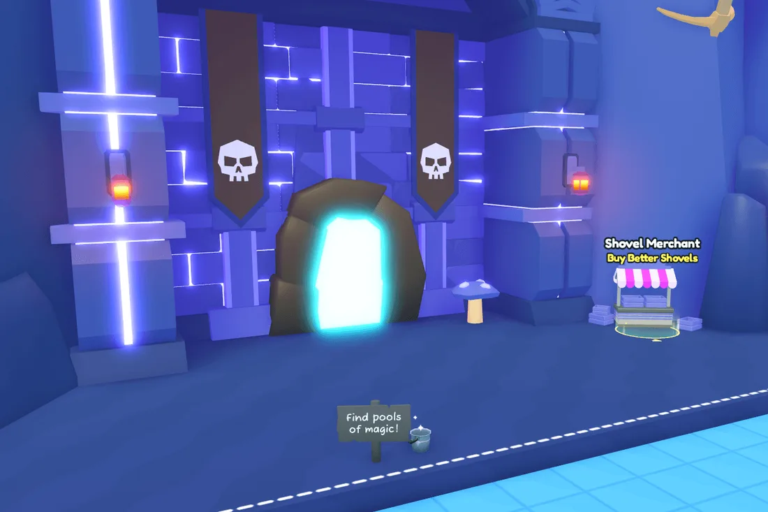 ทางเข้า Advanced Digsite เป็นช่องถ้ำเรืองแสงข้าง Shovel Merchant และป้าย find pools of magic