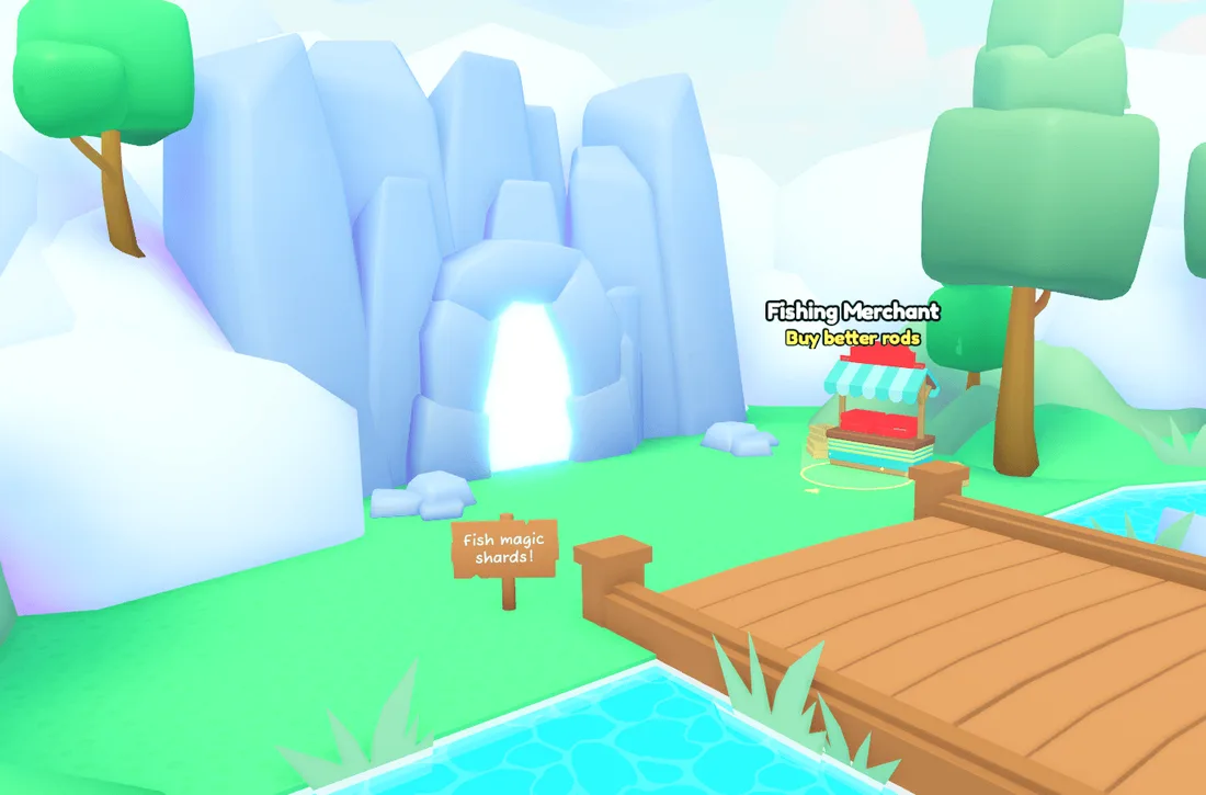 ทางเข้า Advanced Fishing เป็นช่องถ้ำเรืองแสงข้าง Fishing Merchant และป้าย fish magic shards