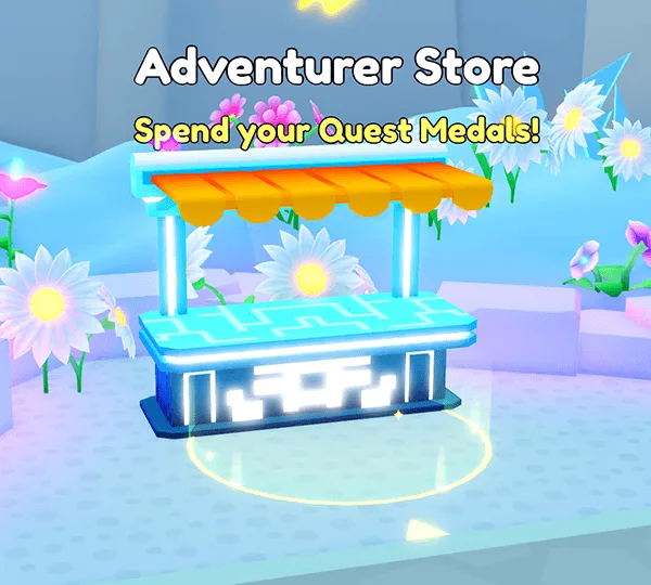 แผง Adventurer Store อยู่ท่ามกลางดอกไม้ พร้อมข้อความให้ใช้ Quest Medals