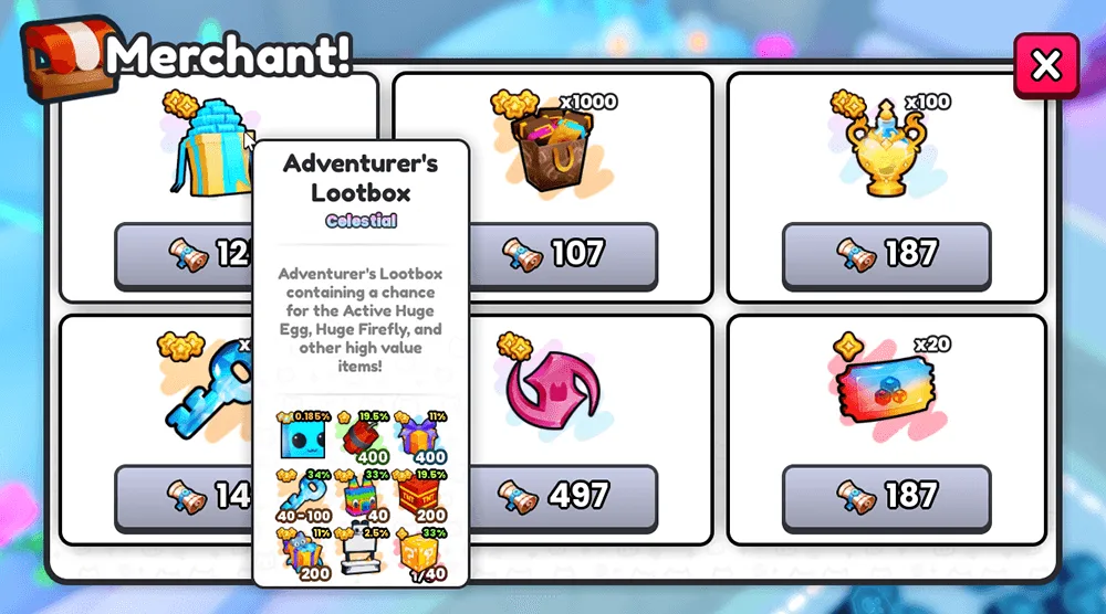 หน้าร้าน Adventurer แสดงสินค้าหกช่อง ราคา Quest Medals และรายละเอียด Adventurer’s Lootbox