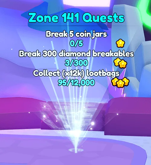 โฮโลแกรม Zone 141 Quests แสดงภารกิจสามข้อ ความคืบหน้า และจำนวนดาว