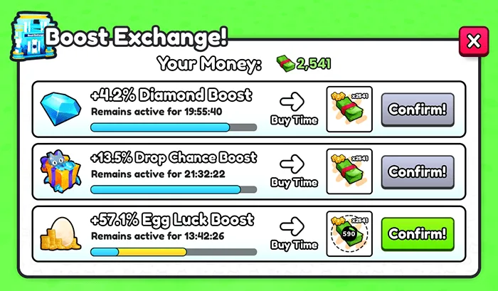 หน้าต่าง Boost Exchange มี Diamond, Drop Chance และ Egg Luck Boost พร้อมปุ่ม Confirm