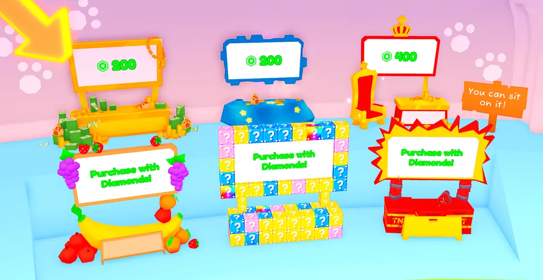 ตัวอย่างบูธหกแบบ ได้แก่ Money, Comet, Throne, Fruit, Lucky Block และ TNT Booth
