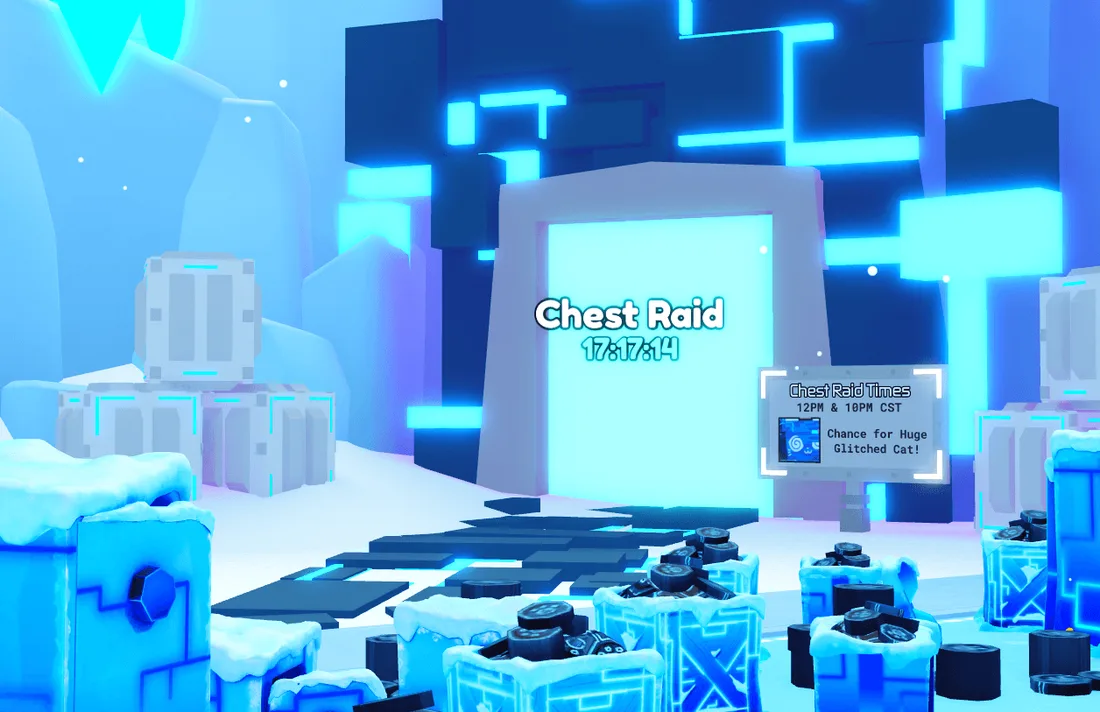 ประตู Chest Raid สีฟ้ามีตัวนับเวลาและป้าย Chest Raid Times ด้านขวา