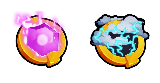 ไอคอน Hidden Treasure รูปอัญมณีสีม่วงทางซ้าย และ Lightning Storm รูปเมฆสายฟ้าทางขวา