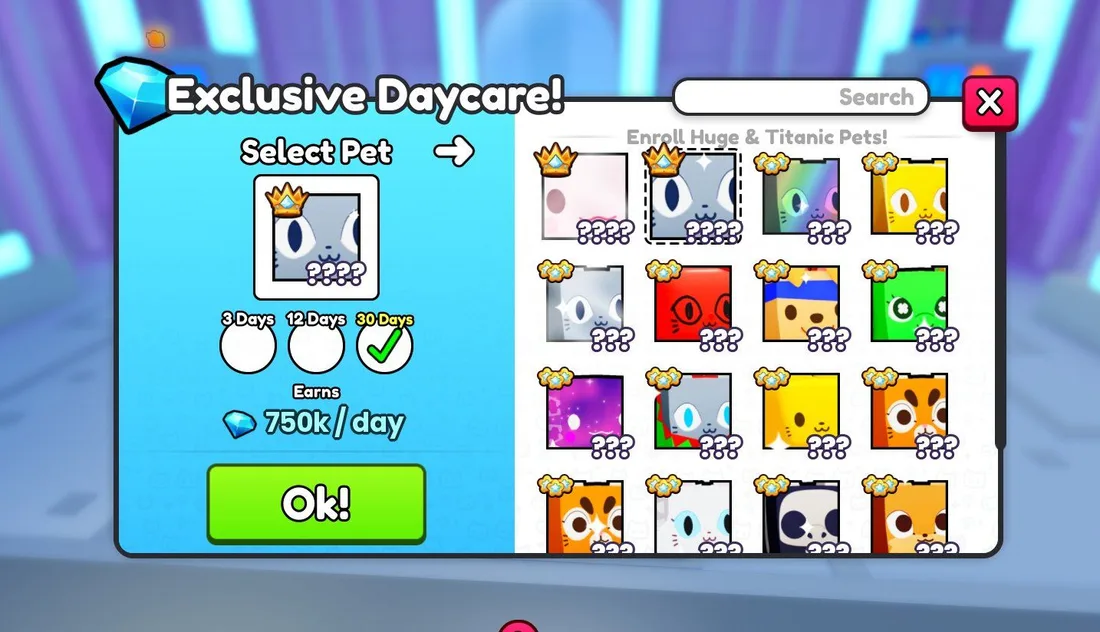 หน้าฝาก Exclusive Daycare แสดงรายชื่อสัตว์ ตัวเลือกระยะ 3, 12 และ 30 วัน และ Diamonds ต่อวัน