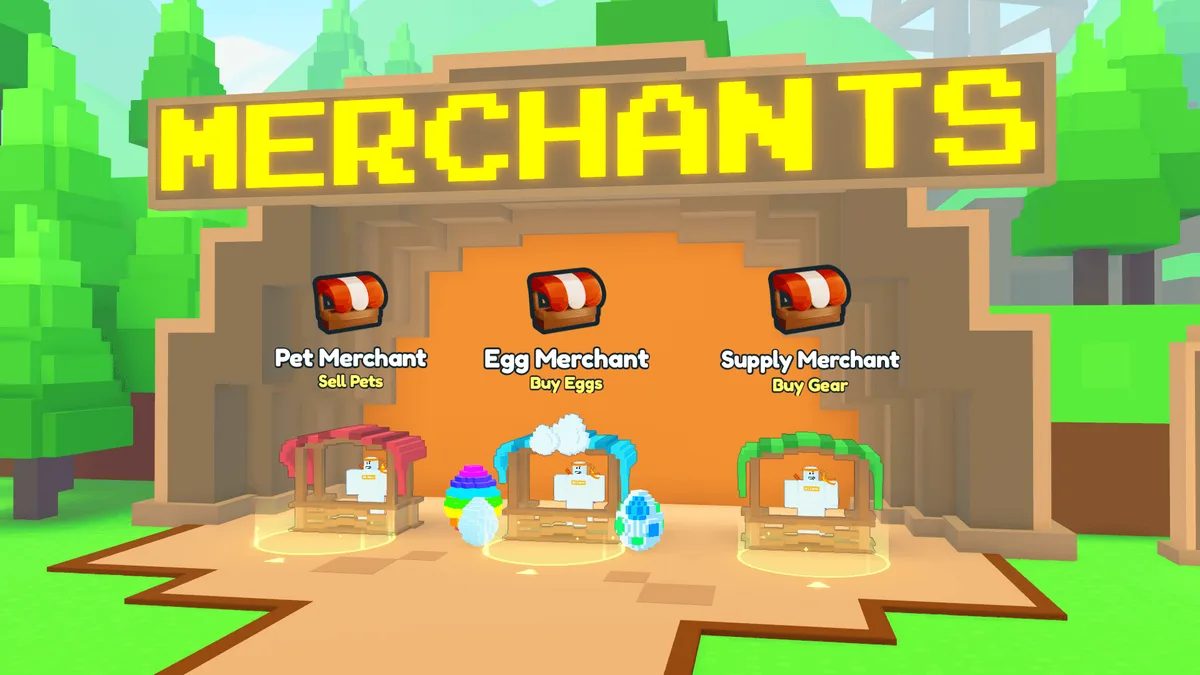อาคาร Merchants ใน Farming World มี Pet Merchant, Egg Merchant และ Supply Merchant เรียงสามร้าน