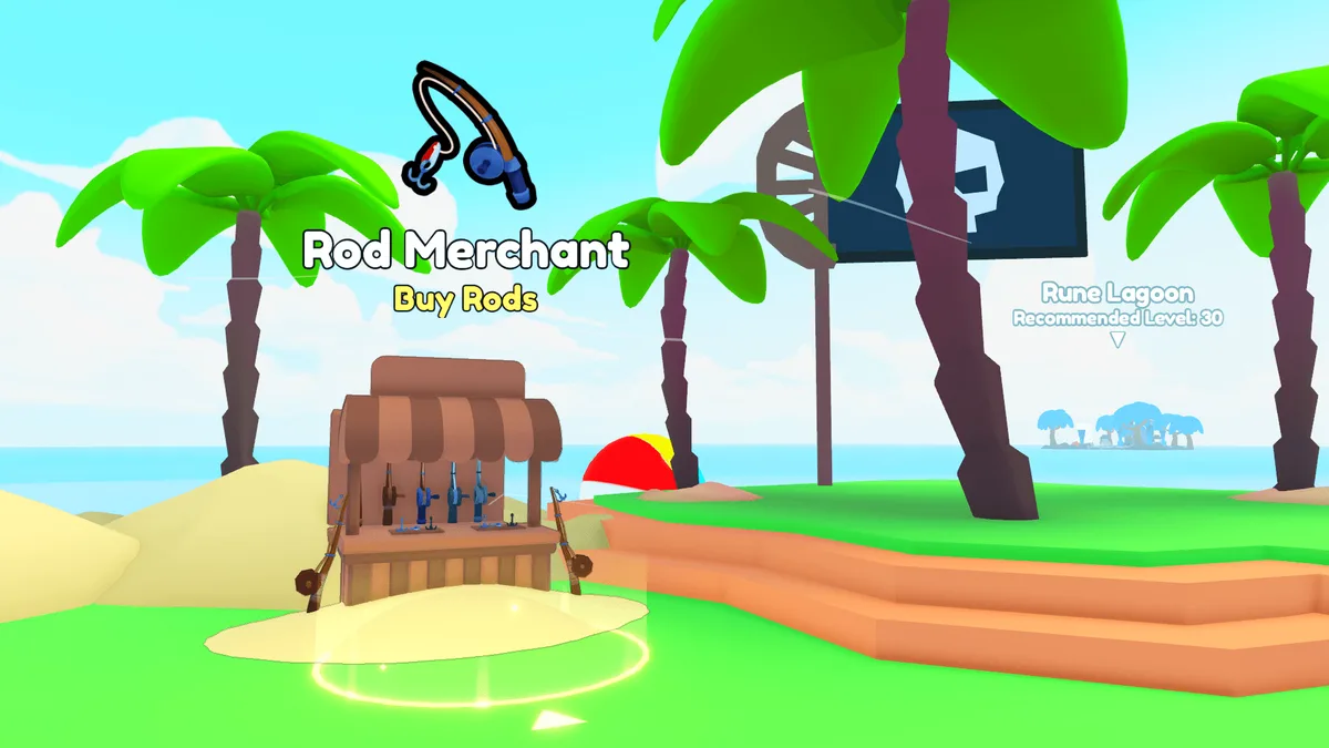 ร้าน Rod Merchant ริมเกาะมีป้าย Buy Rods และคันเบ็ดวางหน้าร้าน