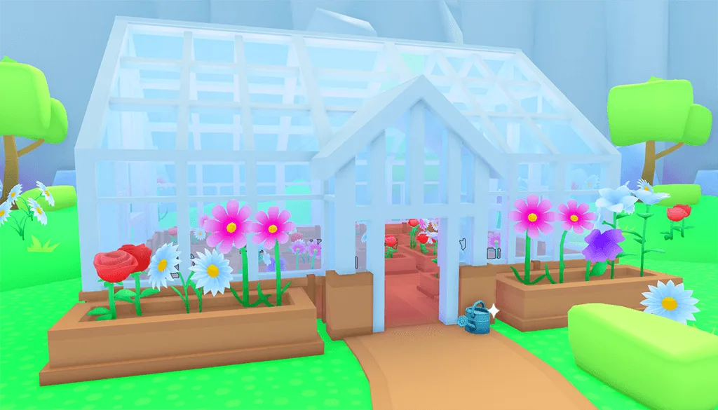 เรือนกระจก Flower Garden มีแปลงดอกไม้สองข้างและทางเข้าตรงกลาง