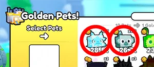 หน้าต่าง Golden Pets มีวงกลมสีแดงเน้นสัตว์ที่เข้าเงื่อนไขเควสต์