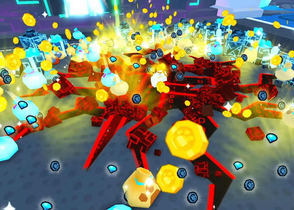 ภาพพื้นแตกรอบตัวละครจากการใช้ Ground Pound มีสิ่งของและเหรียญกระจายอยู่รอบบริเวณ