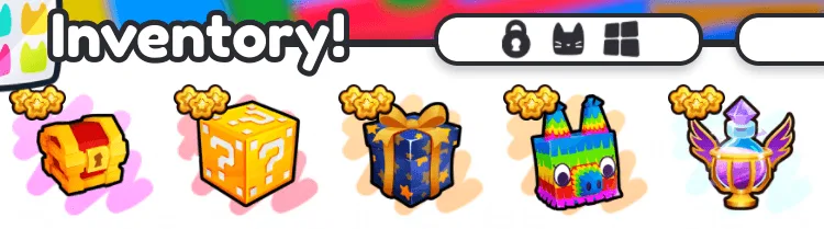 แถวไอเทมตัวอย่างมี Mini Chest, Lucky Block, กล่องของขวัญ, Piñata และ Huge Potion