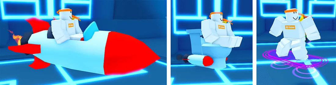 ผู้เล่นขี่ Rocket Hoverboard, Toilet Hoverboard และ Hologram Hoverboard ในภาพสามช่อง